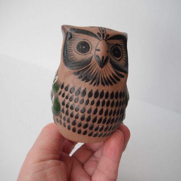 Vintage Hand Painted Tonala Mexican Owl Bird Folk Art Sandstone Pottery Signed - Picture 1 of 7
